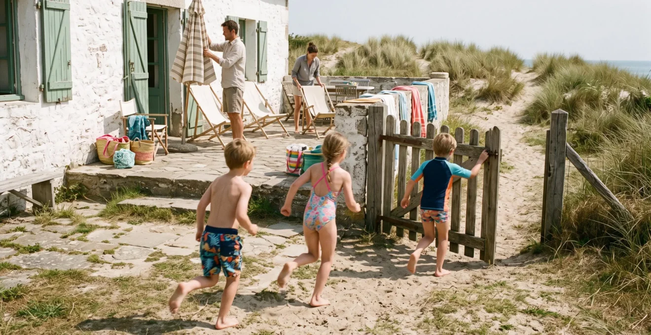 Children run from a holiday house garden toward a dune path while parents set up beach chairs.