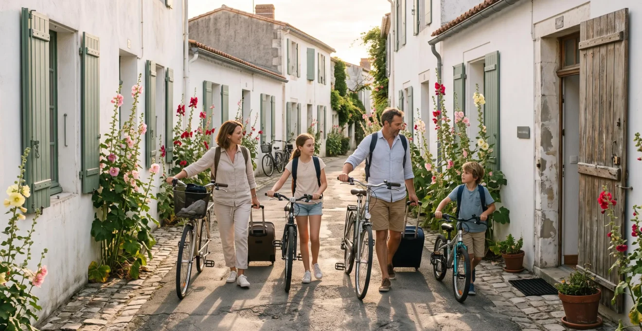 A family with bicycles and suitcases walks down a whitewashed Île de Ré village street.