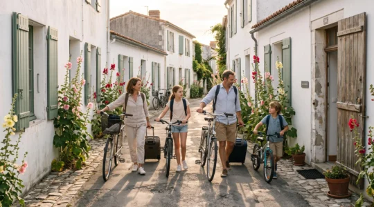 A family with bicycles and suitcases walks down a whitewashed Île de Ré village street.