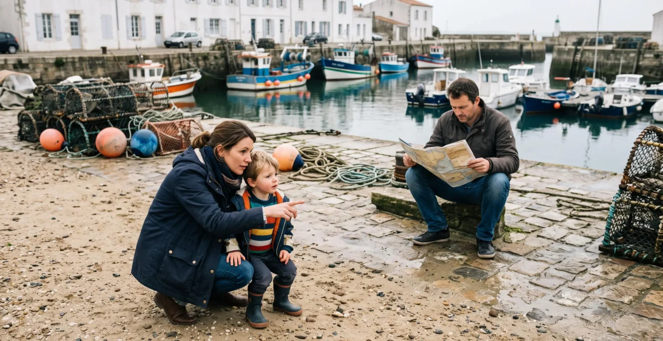 A mother and son point at boats on a harbor quay while a father checks a map.