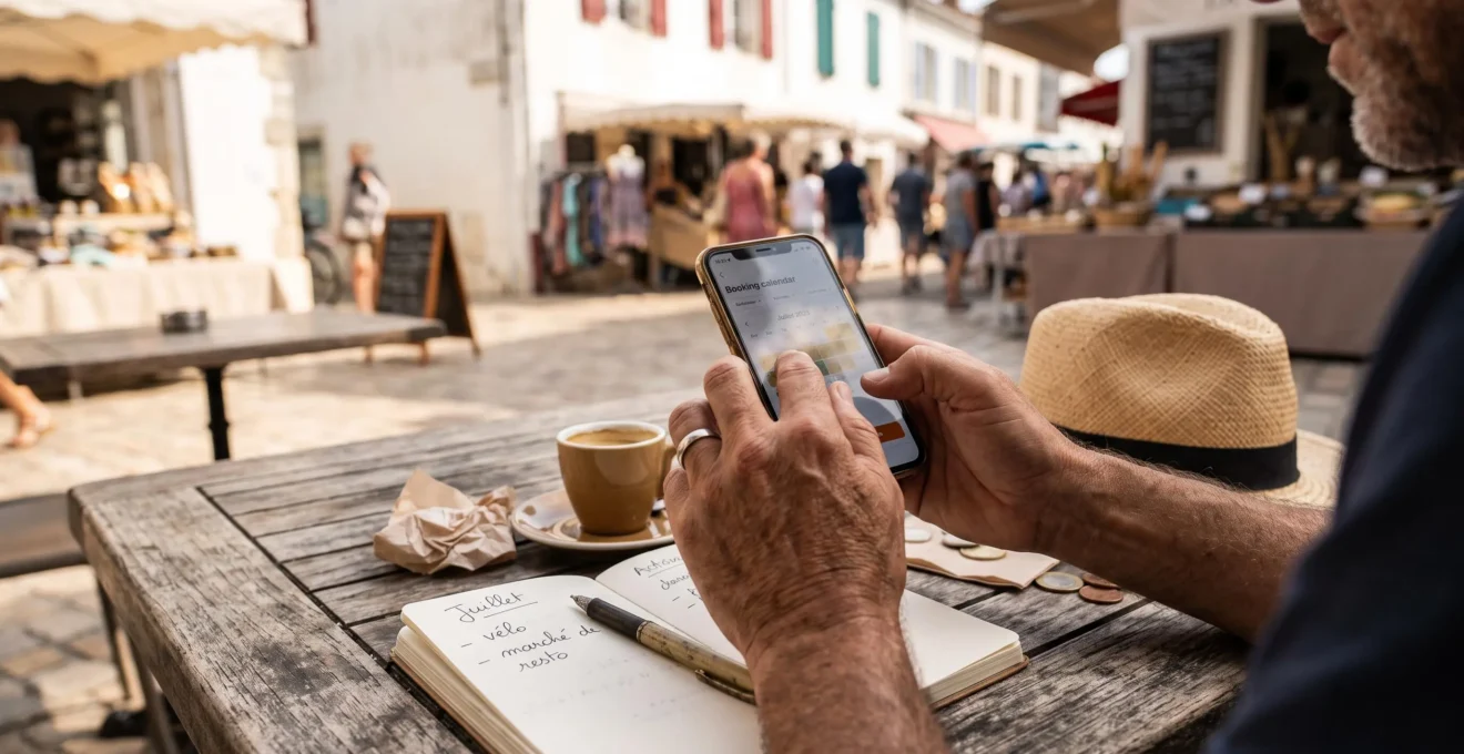 A father's hands hold a phone with a booking calendar beside a notebook on a café table.